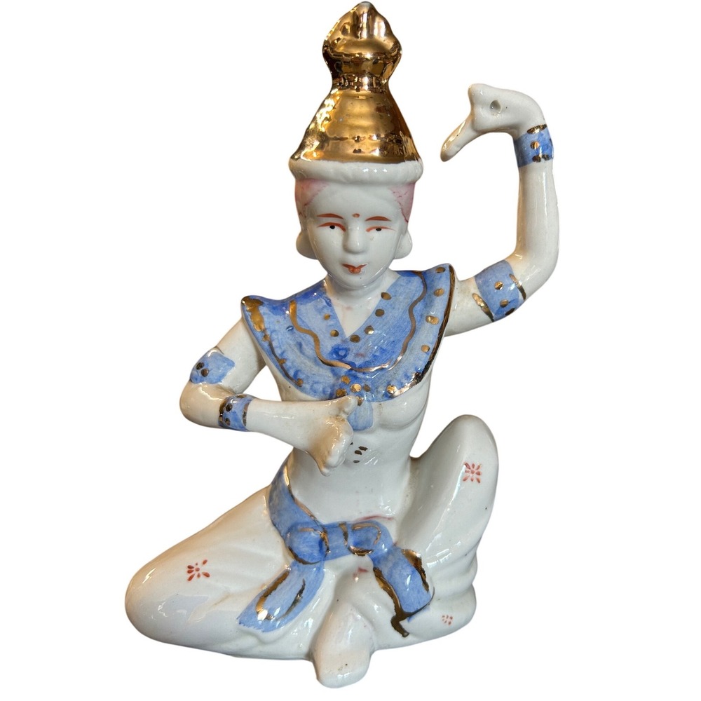 Vintage Thai Khon Dancer Figurine Porcelain Blue White Gold Gilt Seated Statue